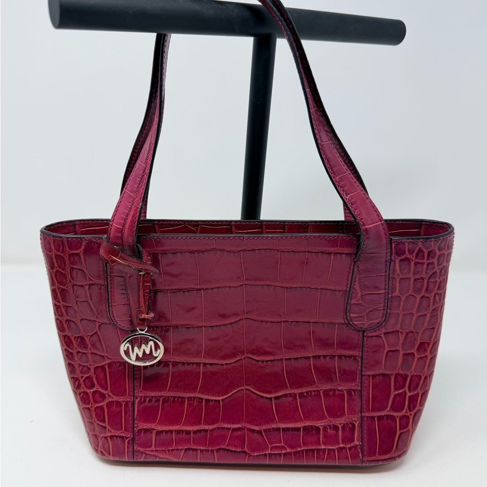 Monsac Burgundy Crocodile-Embossed Shoulder Bag